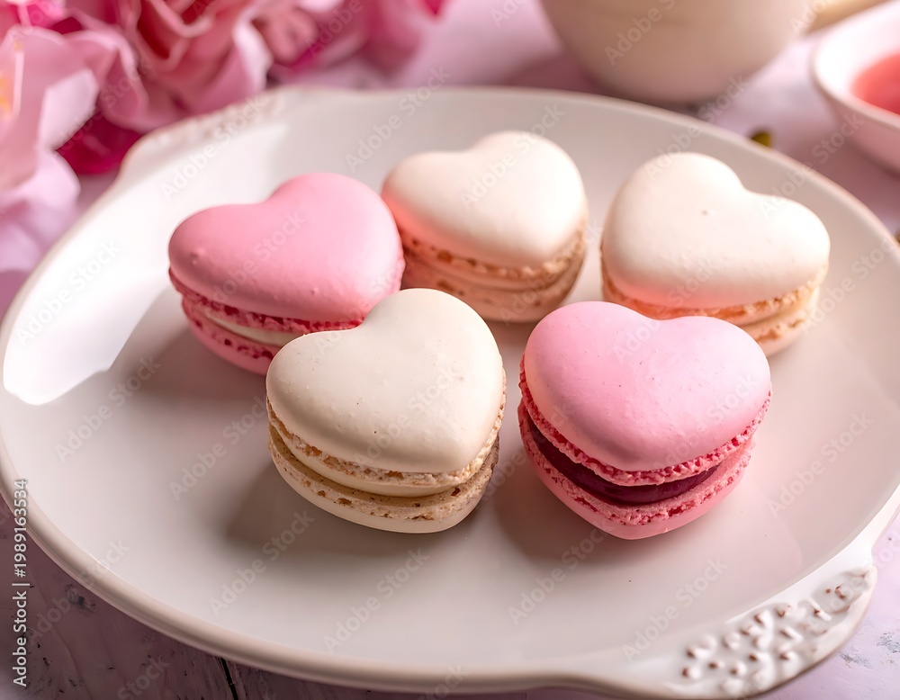 Fototapeta premium A plate of heart-shaped macarons in pink and white colors