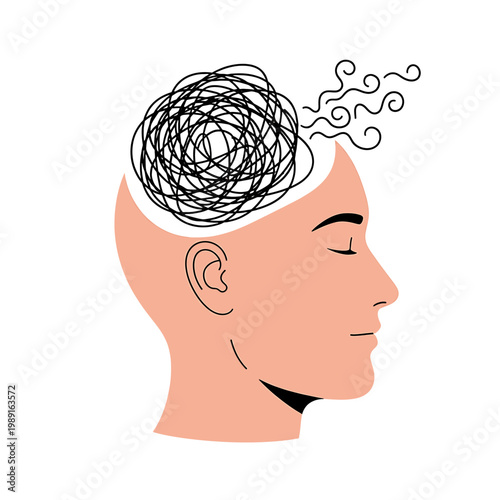 Person with tangled thoughts in head.