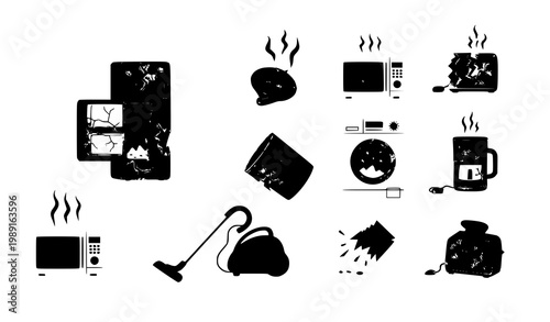 Broken home appliances vector set of damaged household electrical equipment icons for repair and maintenance concept illustration