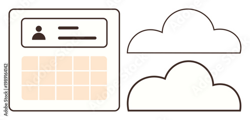 Data organization, cloud storage, user interface design, information sharing, tech tools, digital solutions. A user profile window with a calendar and cloud icons. Data organization and cloud storage