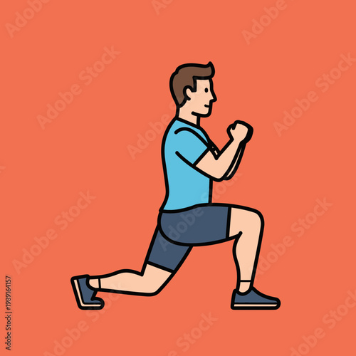 Athletic Young Man Performing Forward Lunge Exercise, Fitness and Workout Concept, Vector Illustration on Orange Background