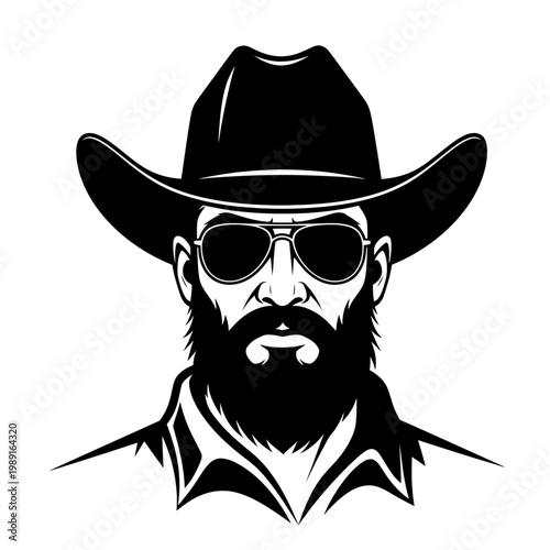 Bearded Man in Cowboy Hat and Aviator Sunglasses Vector Illustration, Masculine Western Portrait Character Icon