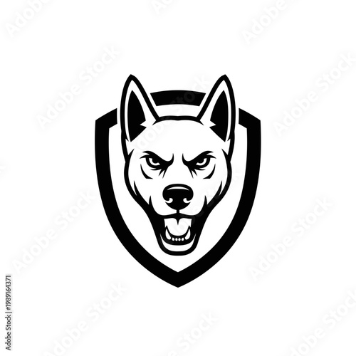 Fierce German Shepherd Dog Head Mascot Logo with Shield, K9 Security and Protection Symbol Vector Illustration