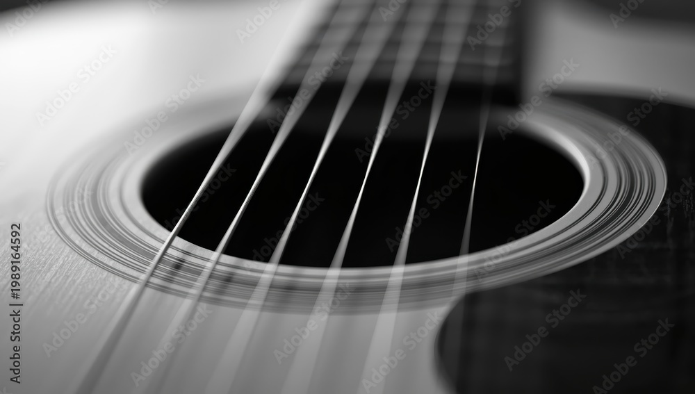 Fototapeta premium Detail of guitar strings. Acoustic instrument. Monochrome image.