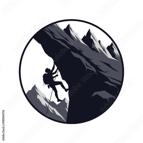 Silhouette of a climber scaling a mountain peak, vector illustration of extreme rock climbing adventure in a circular frame.