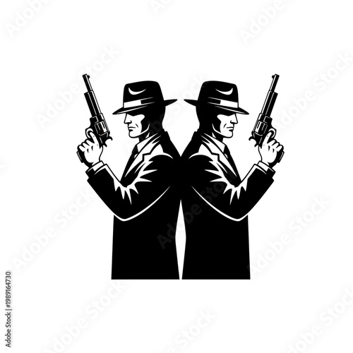 Vintage noir style vector illustration of two gangsters in suits and fedoras standing back to back with handguns