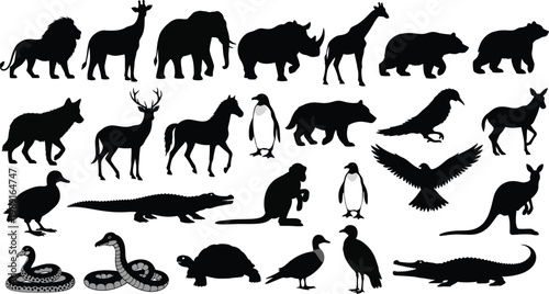 Black silhouettes of various wild animals