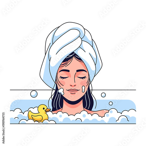 Woman Relaxing in Bathtub with Towel.