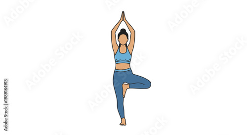 Young Woman Practicing Yoga Tree Pose (Vrksasana) for Balance and Wellness, Minimalist Vector Illustration Isolated on White