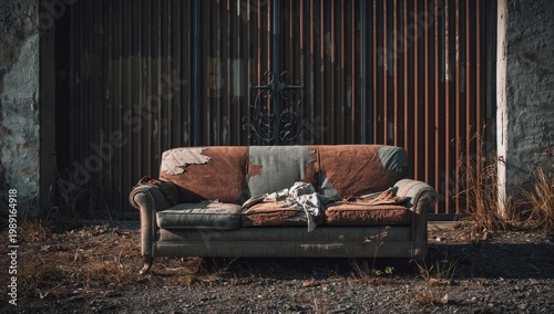 Discarded damaged couch by iron gate