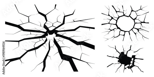 Broken Glass and Cracked Surface Impact Vector Set, Shattered Glass Crack and Bullet Hole Impact Illustration, Broken Window Glass Shatter and Surface Crack