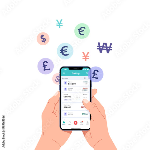 Hands holding smartphone with currency exchange.