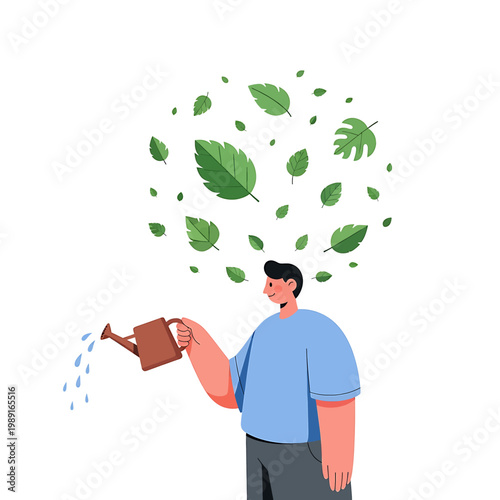Man holding brown watering can.