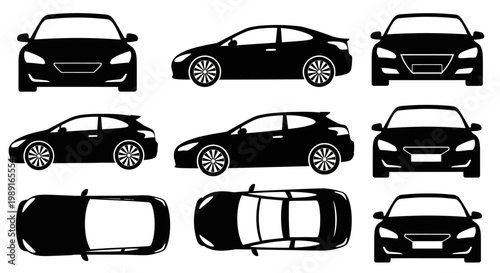 Set of Black Car Silhouettes from Multiple Angles: Front, Side, Top Views