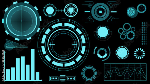 Abstract technological interface elements in teal on a black background featuring radar and data visualizations