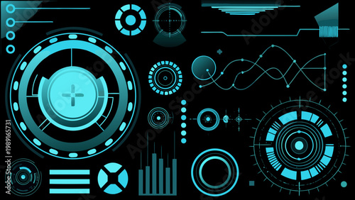 Futuristic interface elements and glowing cyan geometric shapes on a dark background