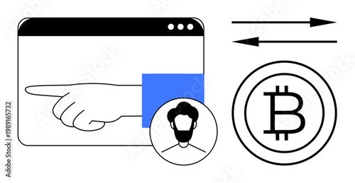 Cryptocurrency, blockchain trade, anonymous user, digital currency, financial technology, transaction flow. Bitcoin symbol, user profile hand pointing to action. Cryptocurrency and blockchain trade
