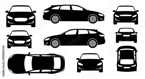 Set of Black Car Silhouettes from Multiple Angles: Front, Side, Top, Rear Views