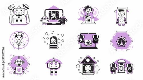 A collection of stylized purple and white icons depicting robots and humanoids