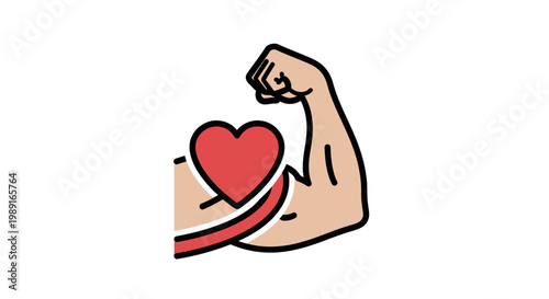 Strong Heart and Muscle Fitness Icon - Flexed Bicep with Red Heart Symbol for Cardiovascular Health and Emotional Strength