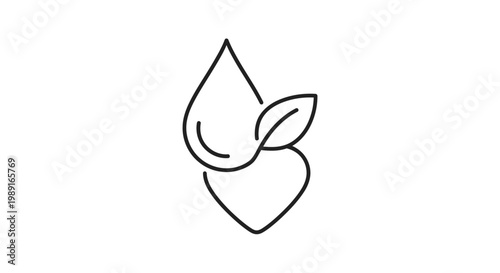 Minimalist Eco-Friendly Icon Featuring a Water Drop, Leaf, and Heart Shape Symbolizing Nature Conservation, Sustainability, and Health