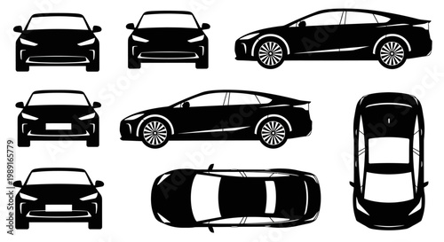 Set of Black Car Silhouettes from Various Angles: Front, Side, Top View