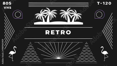 A retro styled graphic featuring palm trees flamingos and a vhs tape aesthetic