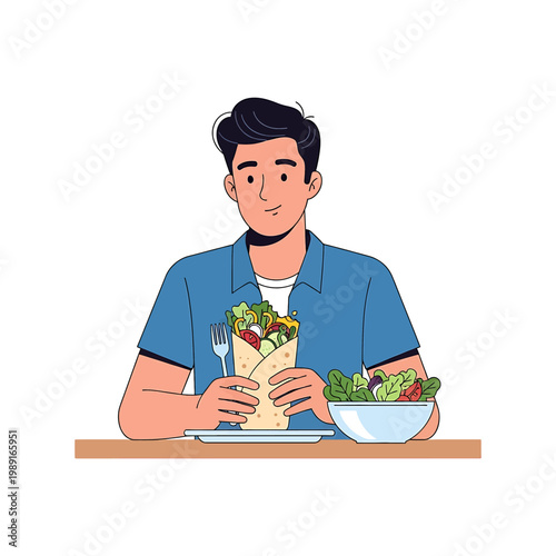 Man eating a wrap at table.