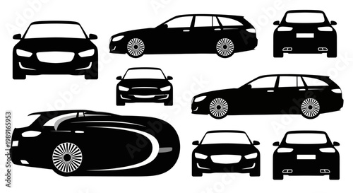 Set of Black Car Silhouettes: Front, Side, and Rear Views of Sedans and Wagons