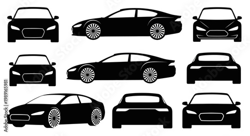 Set of Black Car Silhouettes: Front, Side, and Rear Views