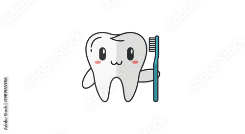 Cute Cartoon Tooth Character Holding a Toothbrush for Dental Care, Oral Hygiene, and Pediatric Dentistry Mascot