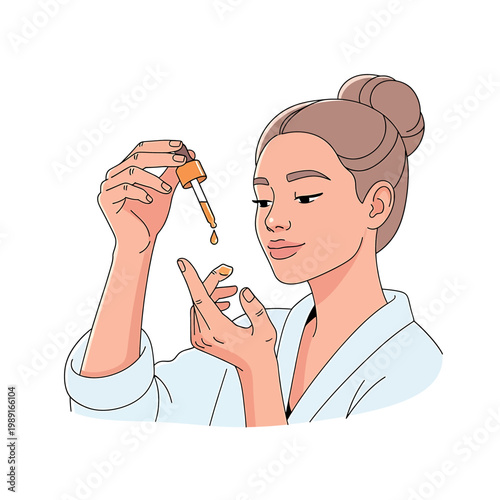 Woman applying skincare serum to face.