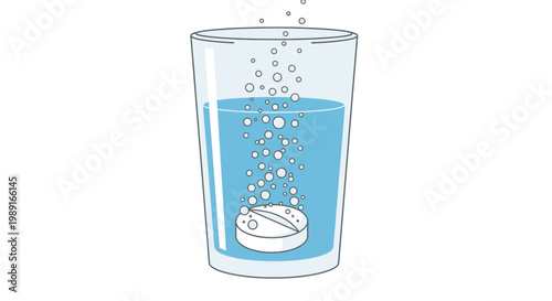 Effervescent Tablet Dissolving in a Glass of Water, Cartoon Style Medical Illustration of Aspirin or Vitamin Supplement in Liquid