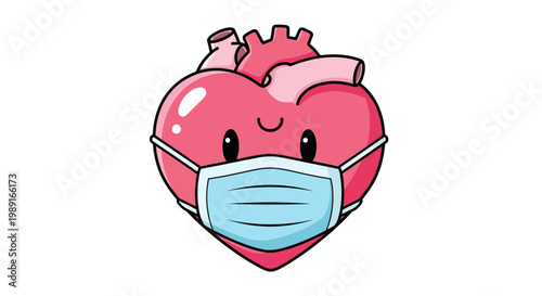 Cute Cartoon Anatomical Heart Wearing Medical Face Mask for Healthcare Awareness and Cardiology Protection Illustration
