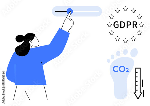 Data privacy, sustainability initiatives, digital compliance, environmental awareness, technology, user actions. A person adjusting a digital slider next to GDPR and CO2 footprint symbols. Data