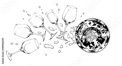 Wine glass icon with splash burst and liquid drops, line art splash effect for bar, menu, and restaurant branding