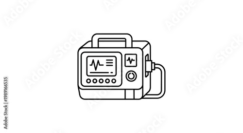 Medical Defibrillator and Heart Monitor Icon - Emergency Healthcare Life Saving Equipment Outline Vector Illustration