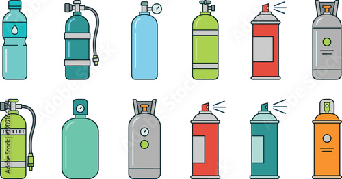 Gas Cylinder and Spray Can Icon Set with Oxygen Tanks, Bottles, and Aerosol Containers for Industrial, Medical, Safety, and Household Use Design