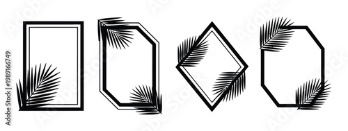 Four different black and white frames with palm leaves