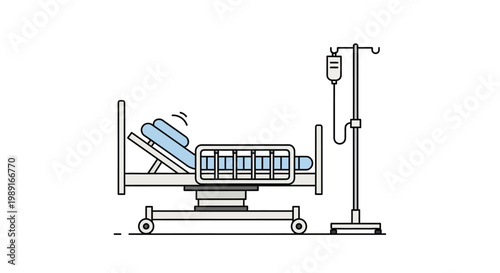 Minimalist Hospital Bed and IV Drip Pole Line Art Illustration - Healthcare and Patient Recovery Concept