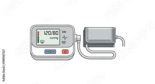 Digital Blood Pressure Monitor with Cuff and 120/80 mmHg Normal Reading, Medical Vector Illustration for Health and Hypertension Monitoring