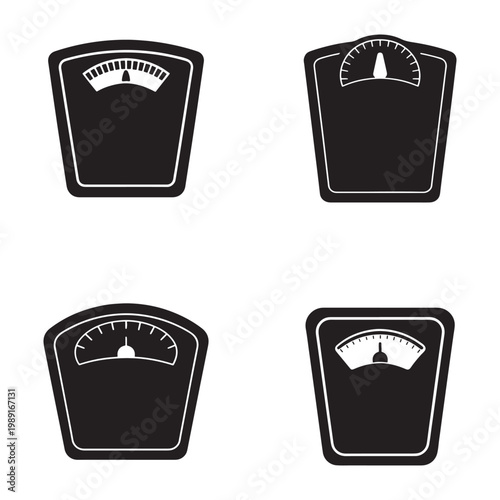 Four black and white bathroom scales with different dials and gauges for measuring weight loss and fitness on white background