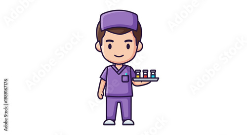 Cute Cartoon Male Nurse in Purple Scrubs Holding a Tray with Medical Vials, Healthcare Professional Illustration Isolated on White Background