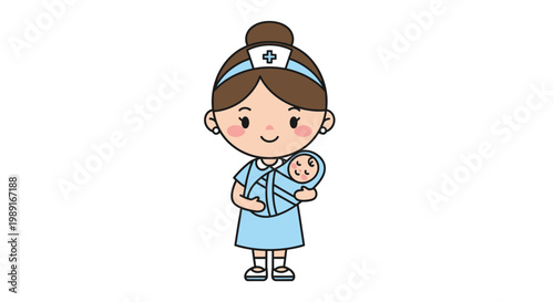Cute Cartoon Nurse Holding a Swaddled Newborn Baby Illustration, Pediatric Care and Maternity Concept Vector Icon on White Background