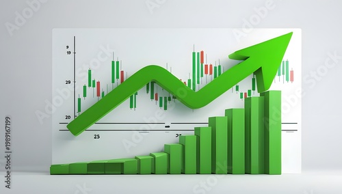 A vibrant green arrow on green bars, upward business trending concepts