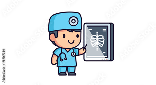Cute Cartoon Doctor Character Pointing at Chest X-ray on Digital Tablet, Kawaii Healthcare Mascot Illustration Isolated on White