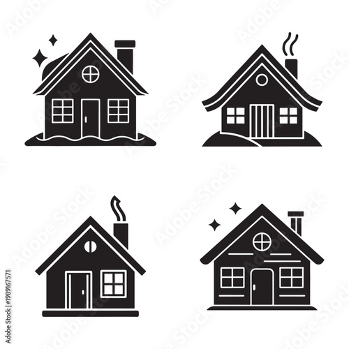Four black and white house icons with smoke coming out of chimneys and stars  simple home designs with windows and doors  isolated on white background