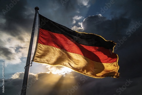 German Flag Waving Against Dramatic Sky – Hyperrealistic Germany National Flag with Black Red Gold Colors and Cinematic Lighting