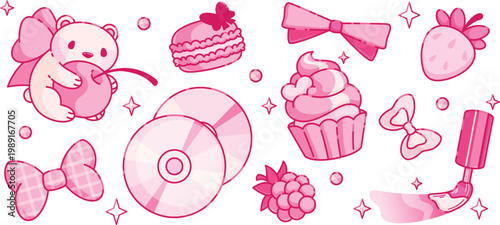 Lovely pink heart icons and sweet dessert stickers for Valentine vector