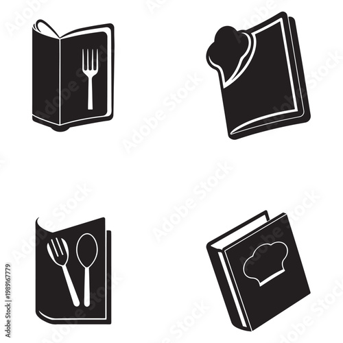 Four black and white icons of cookbooks with chef hat and utensils on white background  cooking symbols  kitchen tools